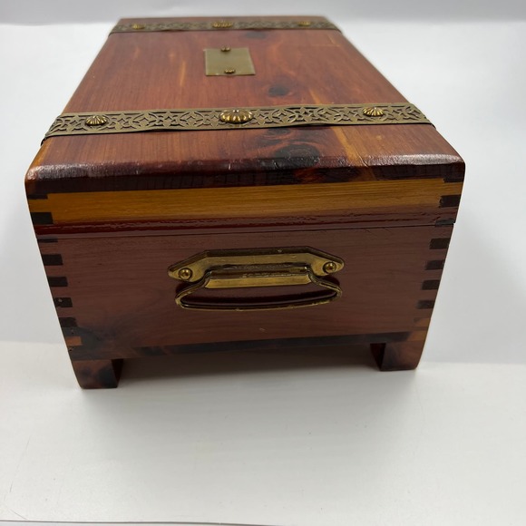 Vintage Wooden Latch Jewelry Storage Box Gold Tone Metal Blue Lining Mirror MCM - Picture 9 of 13